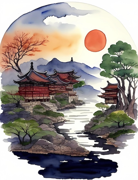 Pintura de paisagem com tinta chinesa Pintura de paisagem com tinta Ilustração de paisagem Arte Oriental Ilustração de tinta e lavagem Fundo de paisagem