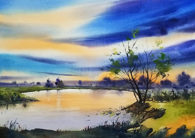 Pintura de paisagem em aquarela de reflexão da natureza do campo