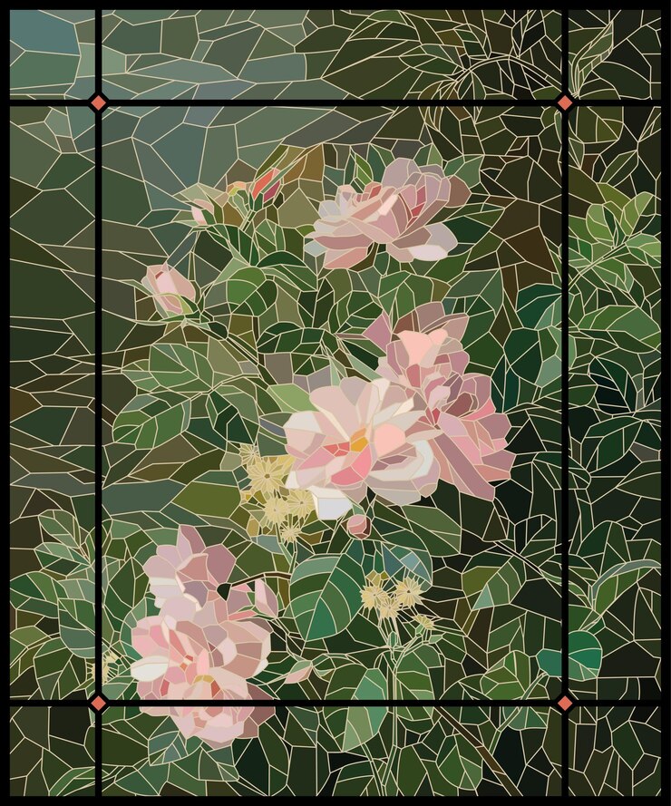 Pintura de rosas de vitral em moldura