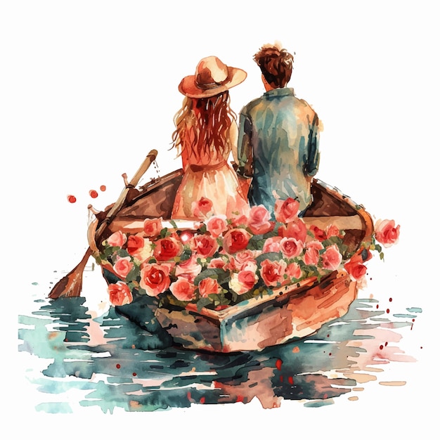 Pintura de um casal em um barco com flores