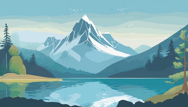 Vetor pintura de um lago de montanha com uma montanha no fundo