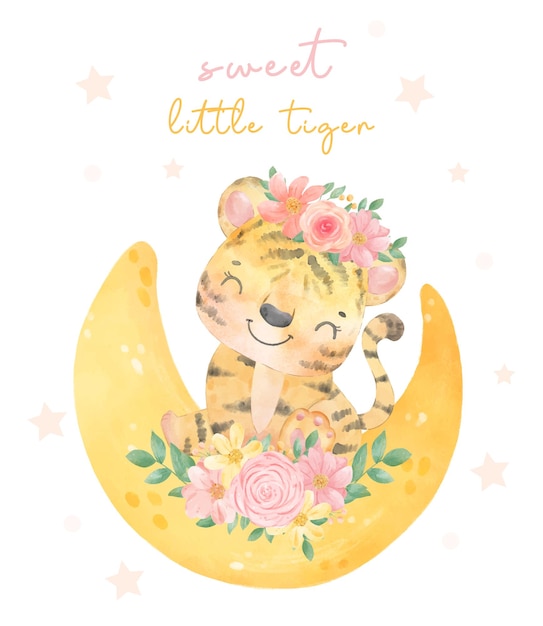 Pintura em aquarela, adorável e adorável tigre bebê floral sentado no animal floral da lua crescente