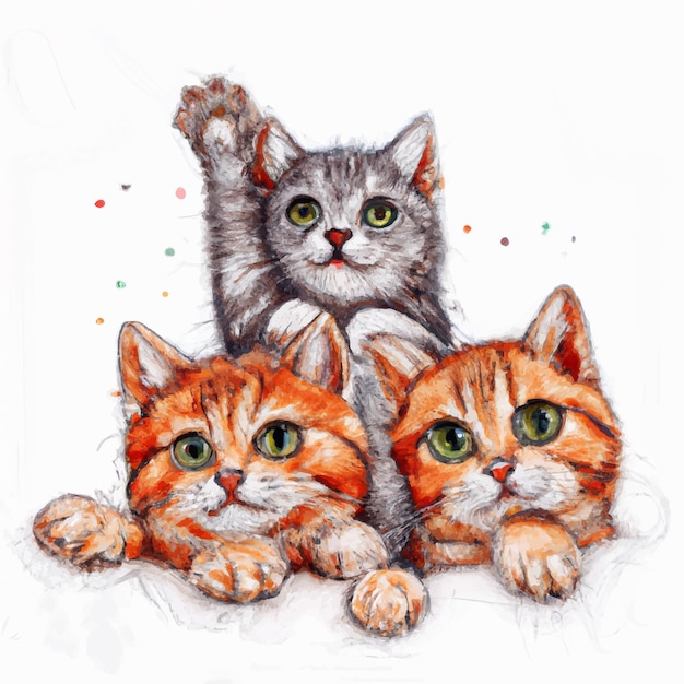 Pintura em aquarela com gatos desenhados à mão, três gatinhos fofos em um fundo branco