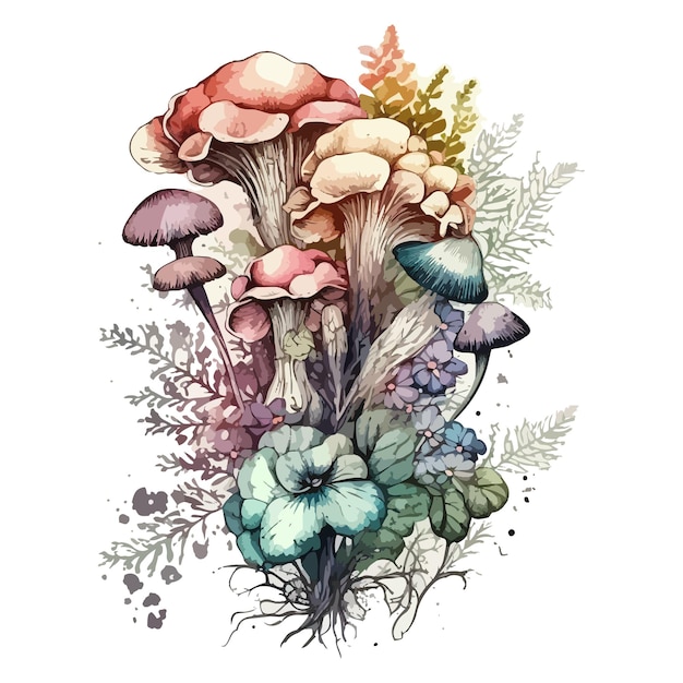 Pintura em aquarela de belos cogumelos