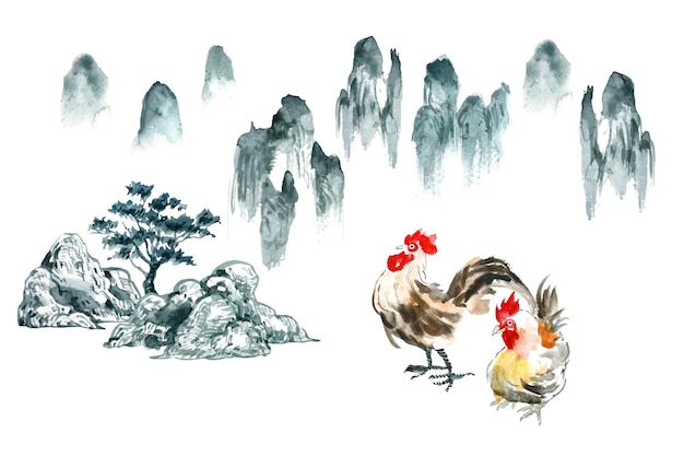 Vetor pintura em aquarela de frango com árvore e montanha no estilo chinês oriental mínimo