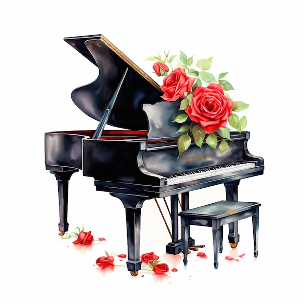 Vetor pintura em aquarela de piano e flores