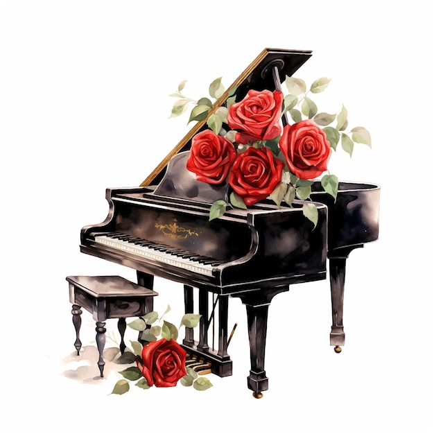 Pintura em aquarela de piano e flores