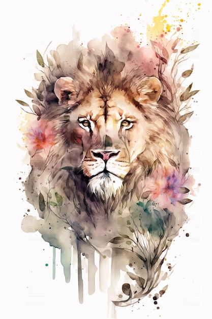 Vetor pintura em aquarela de um leão com flores