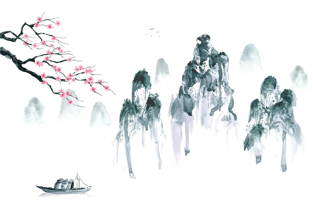 Pintura em aquarela de uma paisagem com flores de pêssego em primeiro plano no estilo oriental chinês