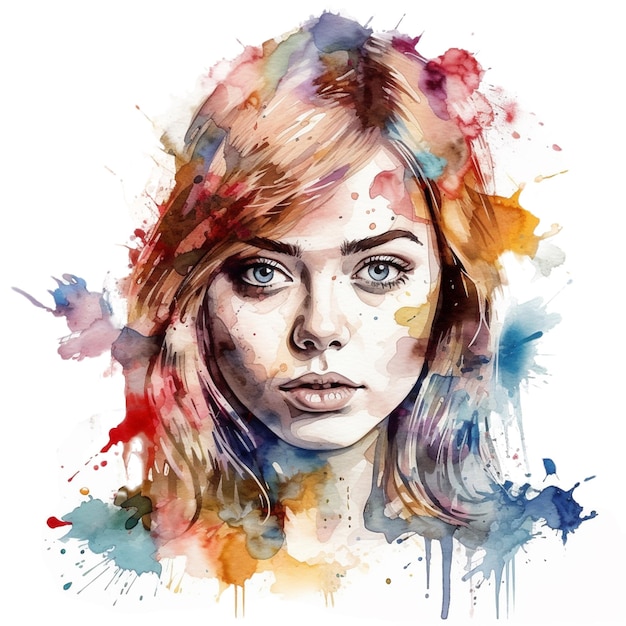 Vetor pintura em aquarela do rosto alegre de uma mulher caucasiana que se identifica como lésbica com um arco-íris