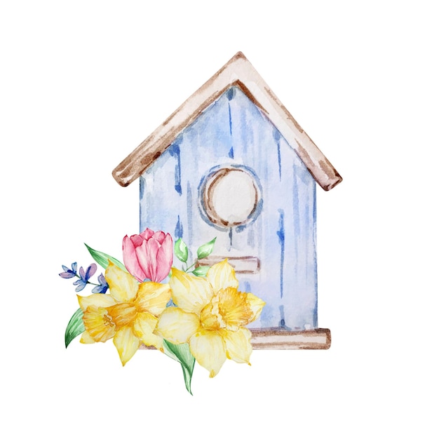 Vetor pintura em aquarela flores da primavera, gaiola azul com tulipas, narcisos. arranjo de flores para cartão de felicitações, convite, cartaz, decoração de casamento e outras imagens.