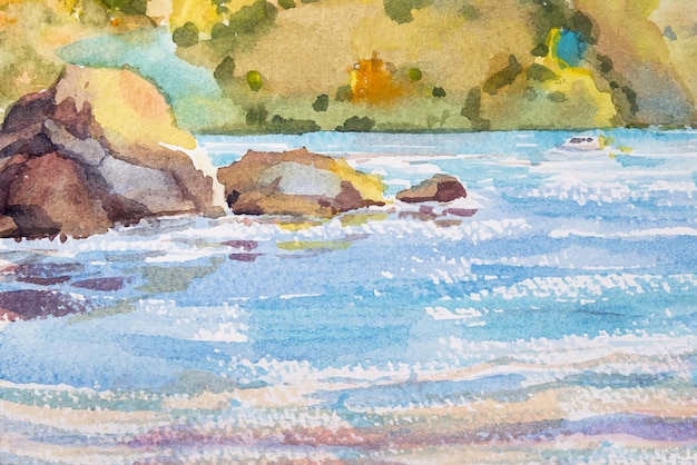 Pintura em aquarela vista do mar oceano praia onda pedra montanha árvore fundo ilustração vetorial