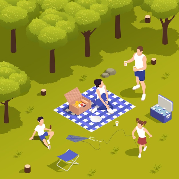 Piquenique em família na grama com a cesta de comida da caixa de resfriamento brincando de crianças conversando com a toalha de mesa dos pais ilustração isométrica