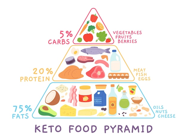 Pirâmide cetogênica da dieta baixa em carboidratos com produtos alimentícios. diagrama keto com carne, frutos do mar. conceito de vetor de desenho animado de nutrição rica em gordura e proteína