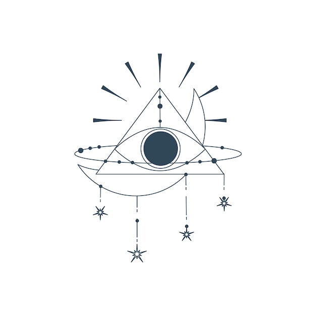 Vetor pirâmide esotérica com olho isolado triângulo místico oculto com raio e estrela símbolo esotérico geométrico projeto de ilustração vetorial desenhado em linhas olho místico no triângulo