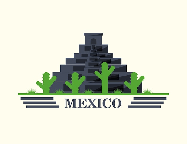 Vetor pirâmide mexicana e cacto sobre fundo branco