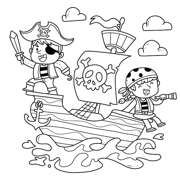 Pirata bonito no desenho de livro de colorir desenhado à mão do navio isolado em branco