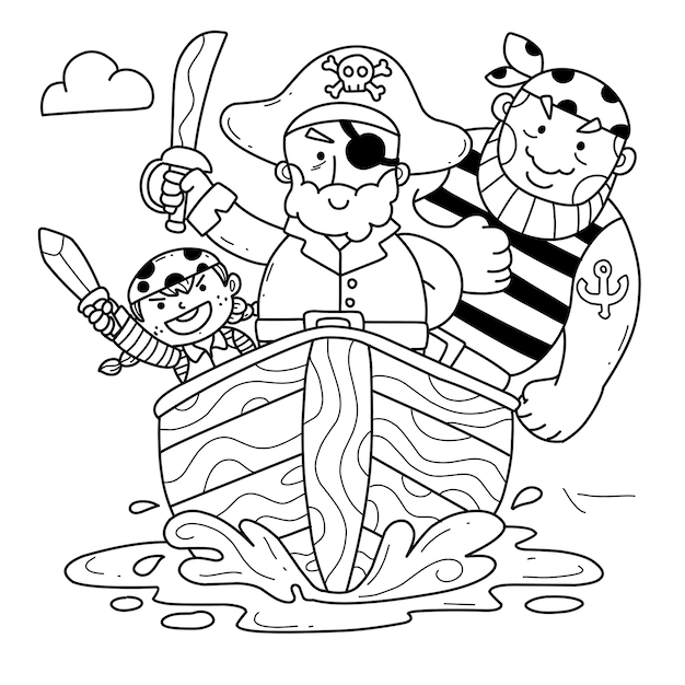 Pirata bonito no desenho de livro de colorir desenhado à mão do navio isolado em branco