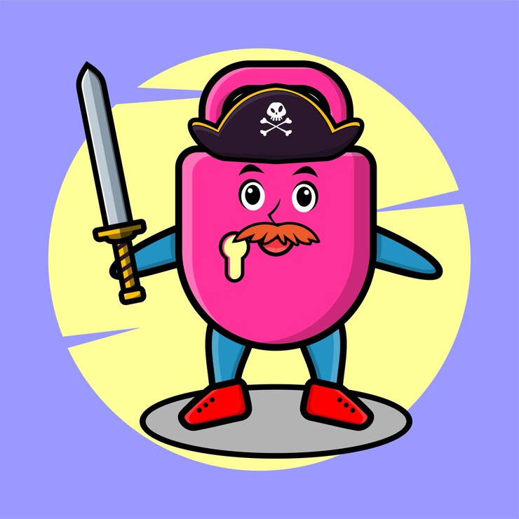 Vetor pirata de cadeado de desenho animado bonito com chapéu e segurando espada e escudo em design moderno