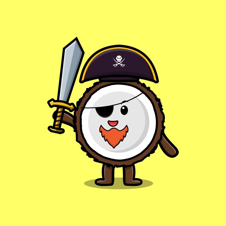 Vetor pirata de coco de personagem mascote de desenho animado bonito com chapéu e espada segurando em design moderno