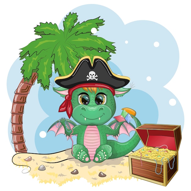 Pirata de dragão verde de desenho animado bonito em um chapéu armado Símbolo de 2024 de acordo com o calendário chinês