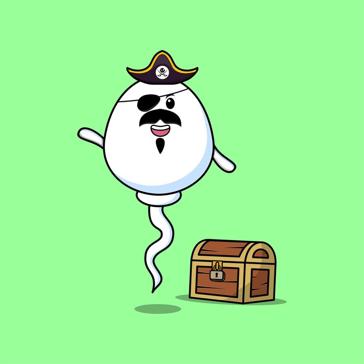 Vetor pirata de esperma de personagem de desenho animado bonito com caixa de tesouro em design de estilo moderno plano