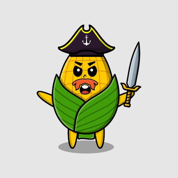 Pirata de milho de personagem de mascote de desenho animado bonito com chapéu e espada segurando em design moderno