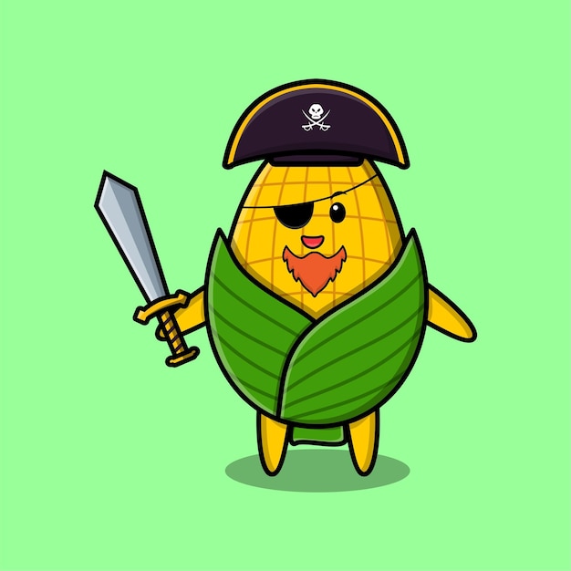 Pirata de milho de personagem de mascote de desenho animado bonito com chapéu e espada segurando em design moderno