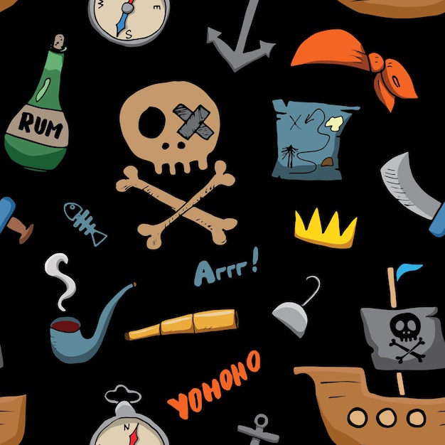 Vetor pirata doodles padrão sem costura bonito itens piratas esboço vetor de desenho animado ilustração