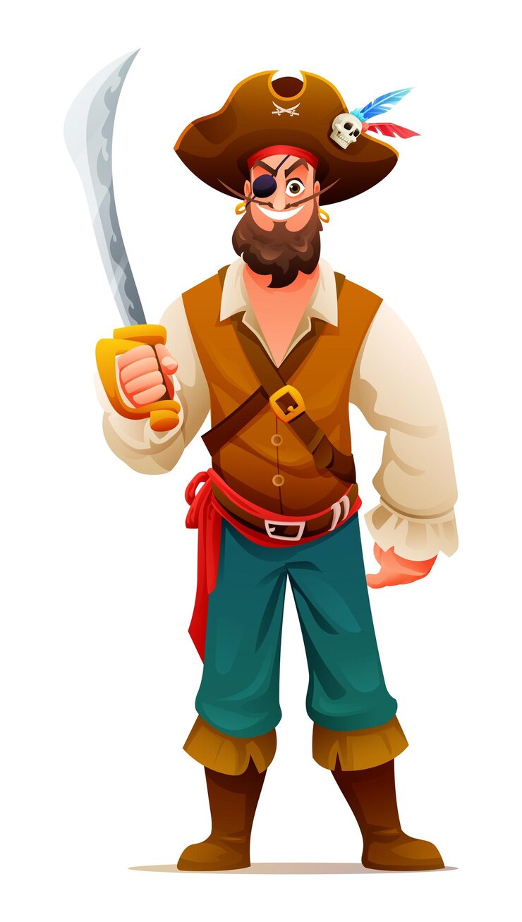 Vetor pirata segurando uma ilustração de design de personagem de desenho animado de espada