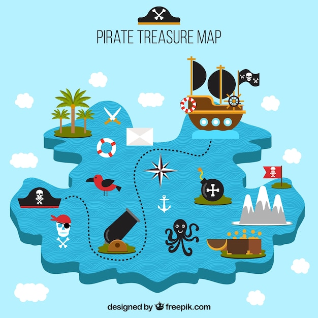 Pirata, tesouro, mapa, decorativo, elementos