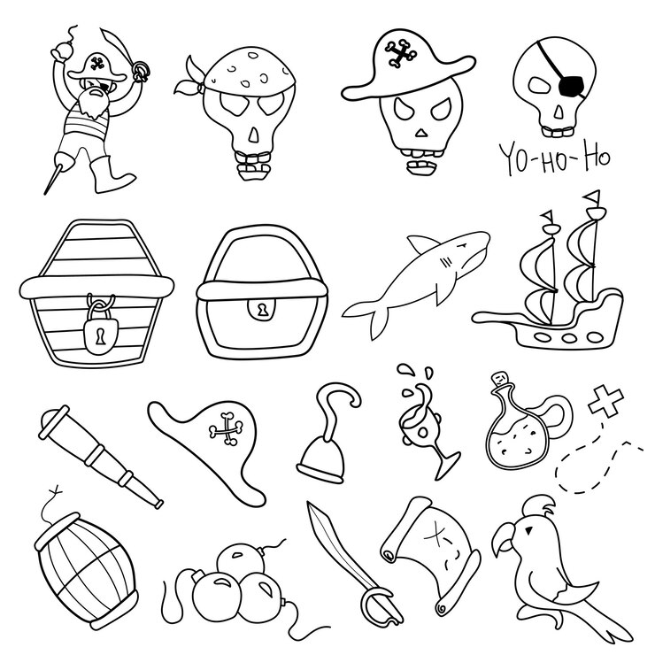 Pirata vetorial conjunto com diferentes itens doodle tema pirata