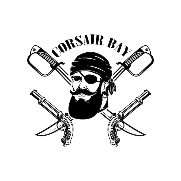 Piratas. modelo de emblema com espadas e cabeça de pirata. elemento para o logotipo, etiqueta, emblema, sinal. ilustração