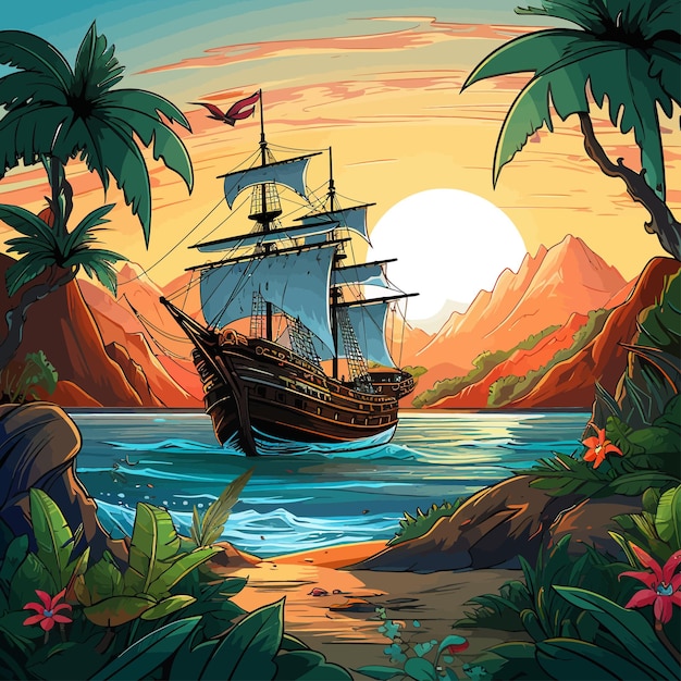 Vetor pirate_ship_on_tropical_island_filibuster_boat