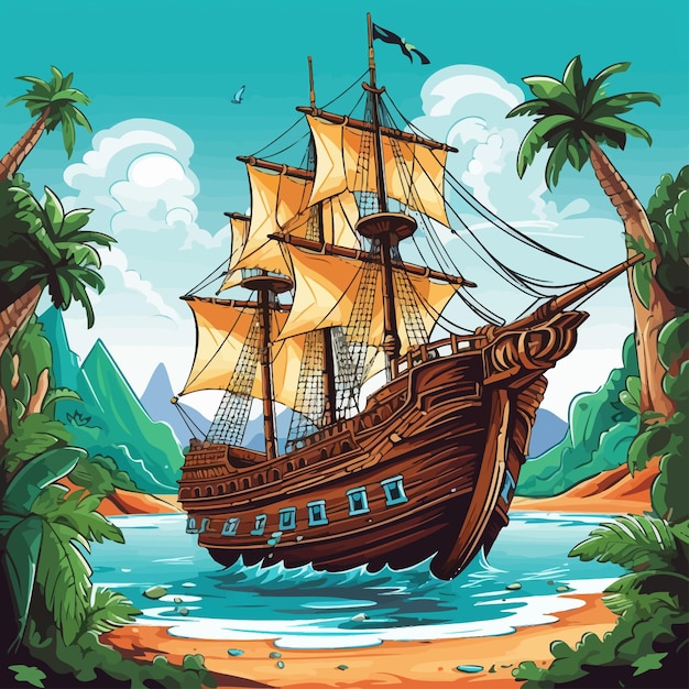 Vetor pirate_ship_on_tropical_island_filibuster_boat