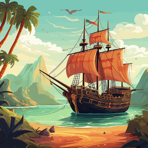 Vetor pirate_ship_on_tropical_island_filibuster_boat