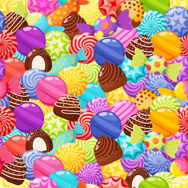 Pirulitos de doces de doces e chocolates variados padrão de pirulitos coloridos