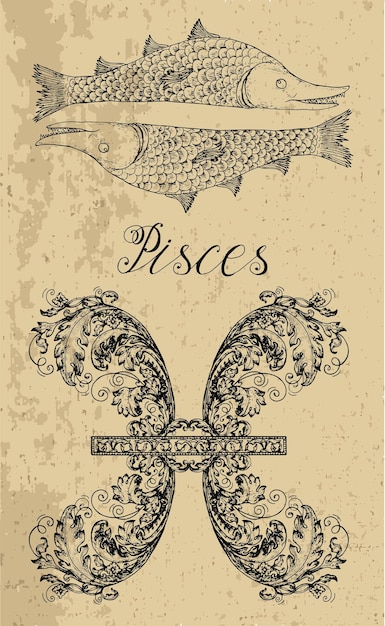 Vetor pisces ou pisces signo do zodíaco e mascote de fantasia na textura