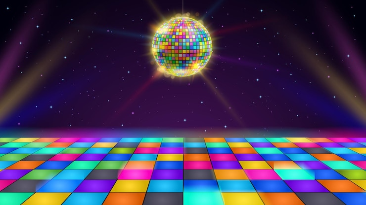 Vetor pista de dança de discoteca cena de festa retrô com grade de quadrados de led bola de discoteca de piso brilhante e ilustração de fundo vetorial de céu noturno estrelado