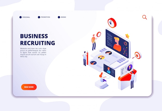 Pista de pouso da agência de recrutamento. Recrutamento on-line de recursos humanos e contratação de conceito de vetor isométrico 3d