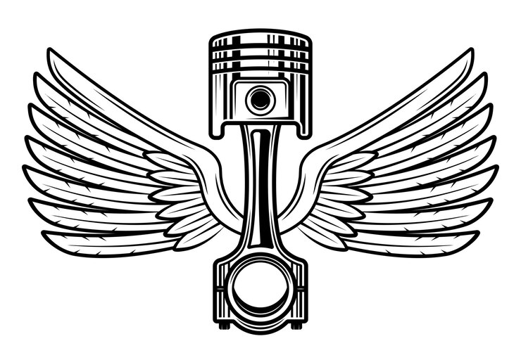 Vetor pistão com asas vector ilustração em preto e branco vintage em isolado no fundo branco