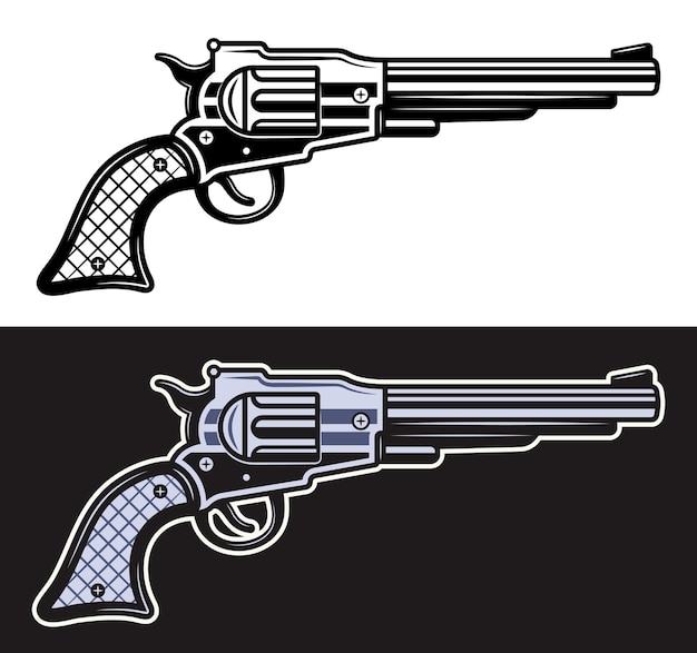 Pistola ocidental ou ilustração vetorial de revólver em dois estilos preto em branco e colorido em fundo escuro