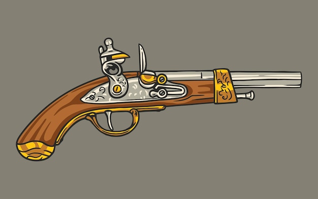 Pistola pirata de percussão antiga com clip-art de vetor de forend de madeira esculpida