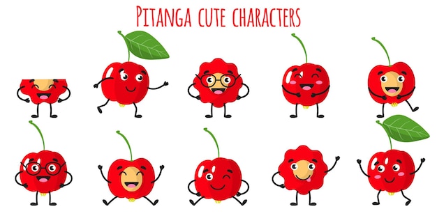 Pitanga frutas fofas engraçadas personagens alegres com diferentes poses e emoções