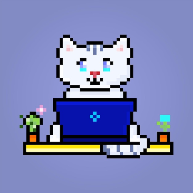 Pixel adorável gato no laptop azul duas plantas