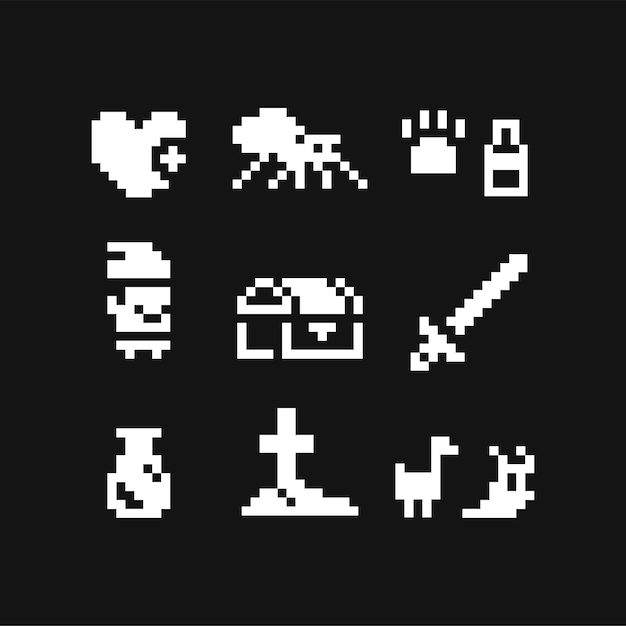 Vetor pixel art 1bit icon set em preto e branco emoji monstros herói com espada e peito isolado