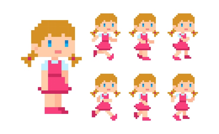 Vetor pixel art 8 bit garota bonita loira vestido rosa personagem animado