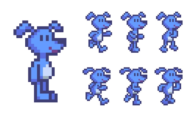 Pixel art 8 bits personagem azul cachorro correr vetor de animação