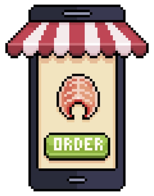 Pixel art celular pedindo filé de salmão no ícone de vetor de aplicativo de comida para jogo de 8 bits