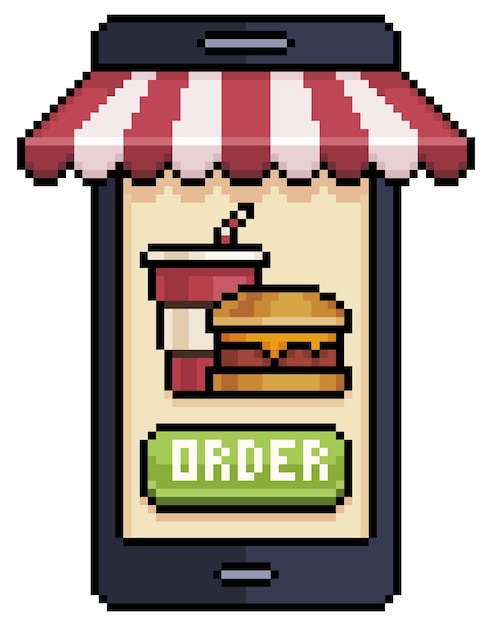 Pixel art celular pedindo hambúrguer e refrigerante no ícone de